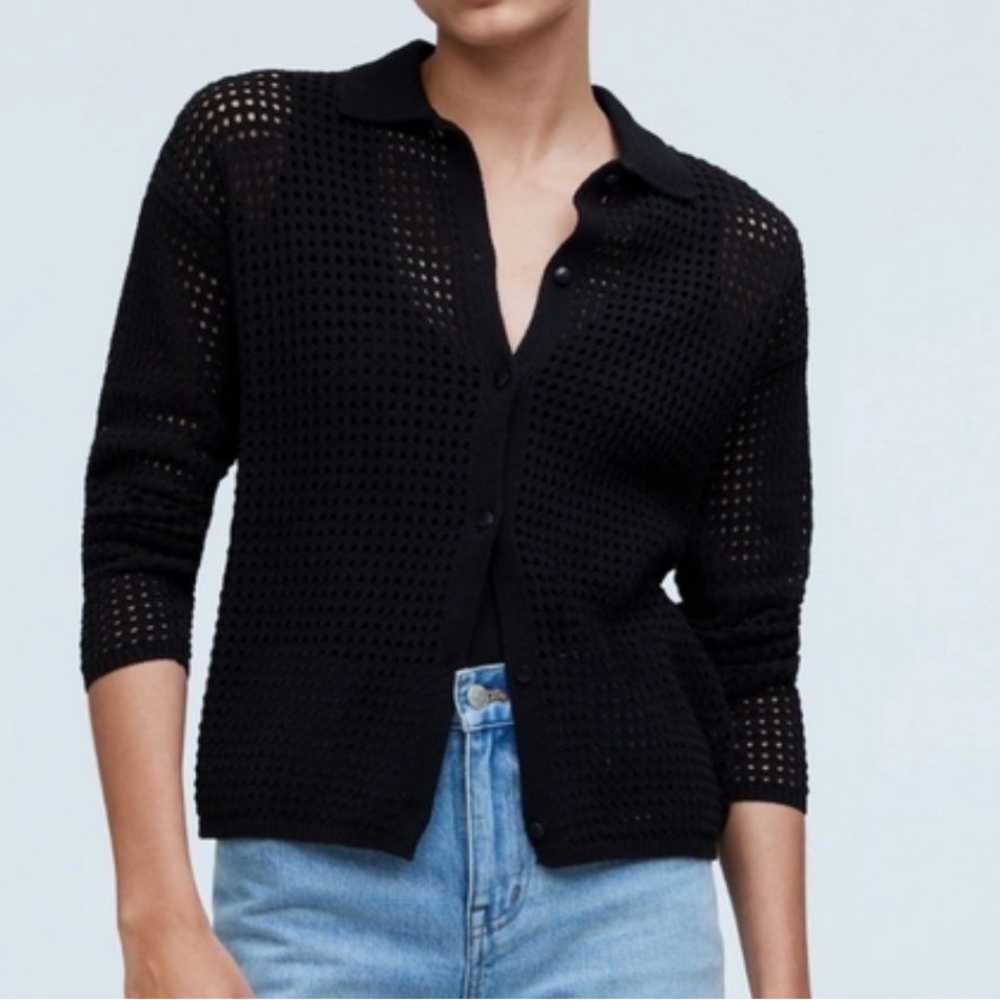 Madewell Black Open-Knit Button-Up Cardigan